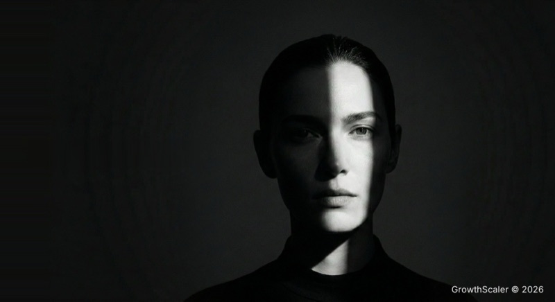 Portrait split between light and shadow — the evaporating interface of B2B software.