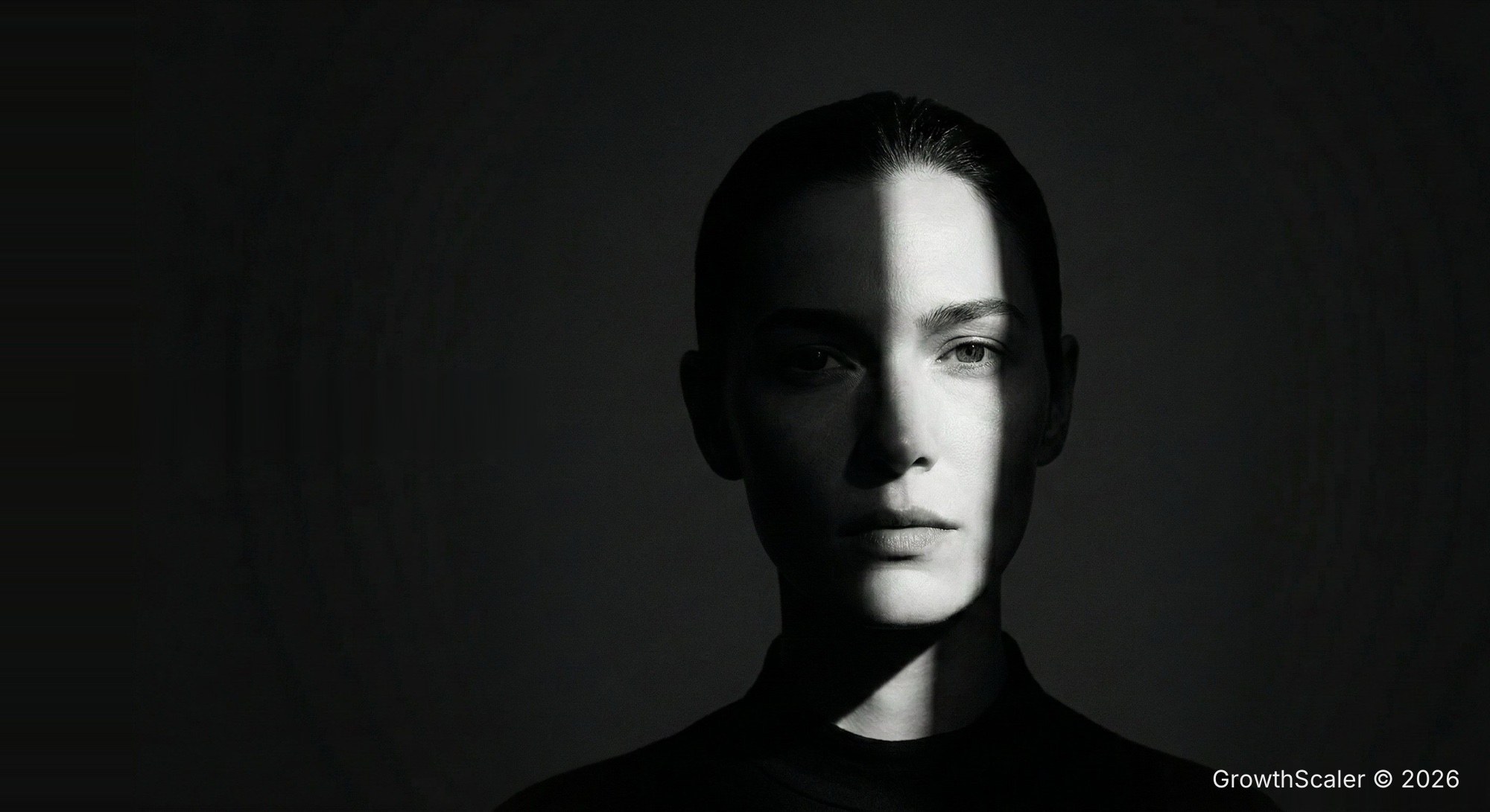 Portrait split between light and shadow — the evaporating interface of B2B software.