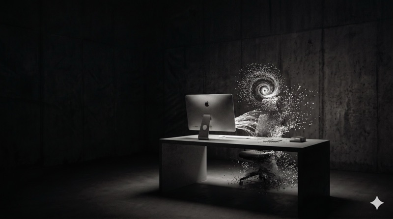 A worker dissolving into particles at a desk — the seat evaporating while the work remains.